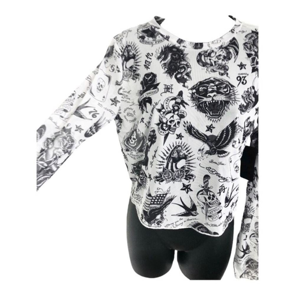 Ed Hardy white iconic Ed Hardy designs printed long‎ sleeve sheer top size large - Picture 3 of 14